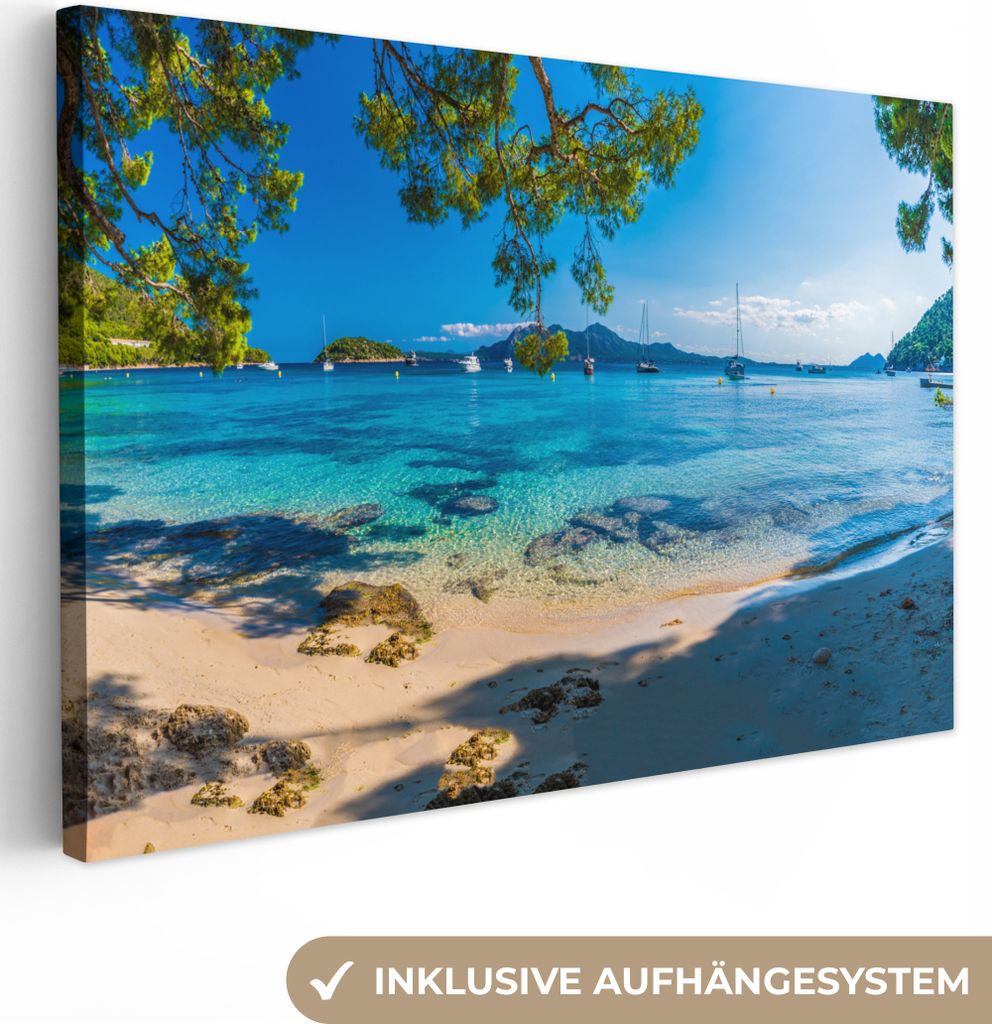 MuchoWow - Leinwandbilder - Strand - Meer - Boot - Mallorca, Wandbild, Wanddeko Bilder Wohnzimmer, 120x80 cm