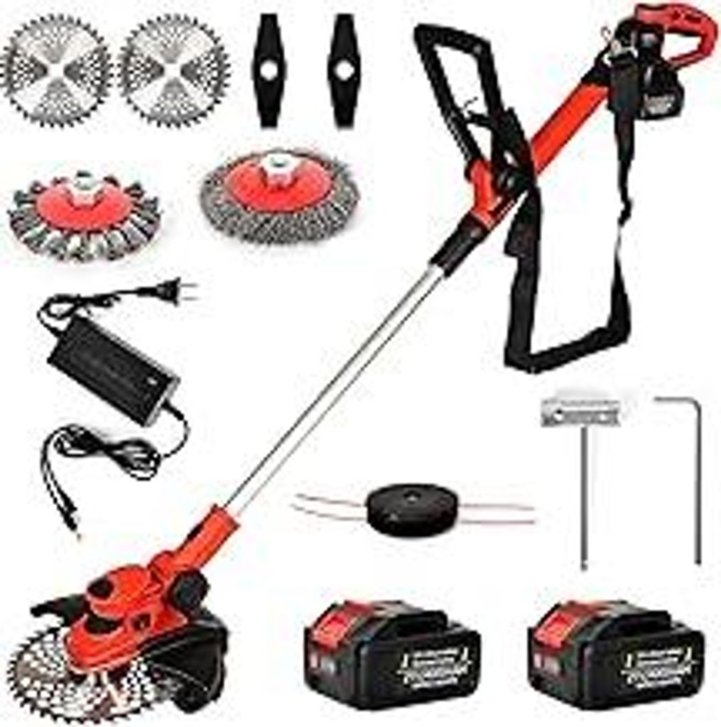 Rasentrimmer mit Akku und Unkrautbürste,4-in-1Freischneider Akku mit 2x4.0Ah Batterie, batteriebetrieben, tragbarer 21-V-Rasentrimmer,für Garden ...
