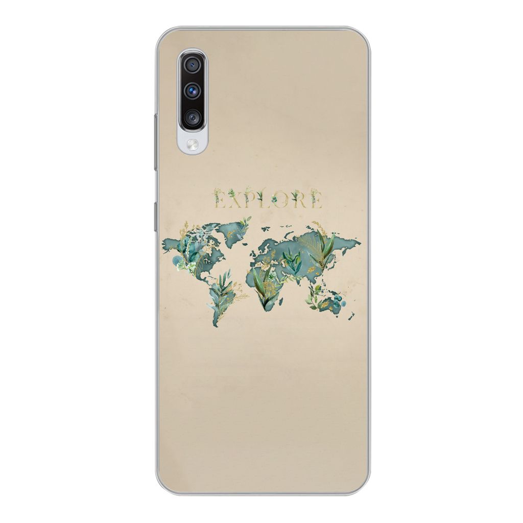 MuchoWow Handyhülle Schutzhülle Hülle für Samsung Galaxy A70 Weltkarte - Pflanzen - Wasser Silikon Softcase Handy Hülle - Schutzhaube