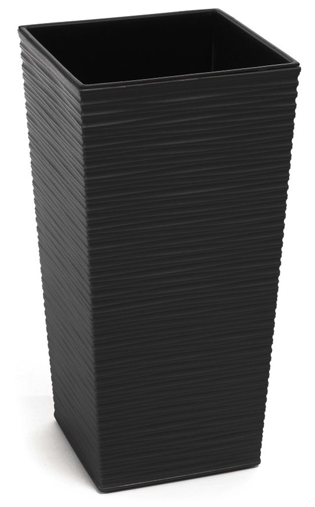 A black, square, tall planter with a textured surface.