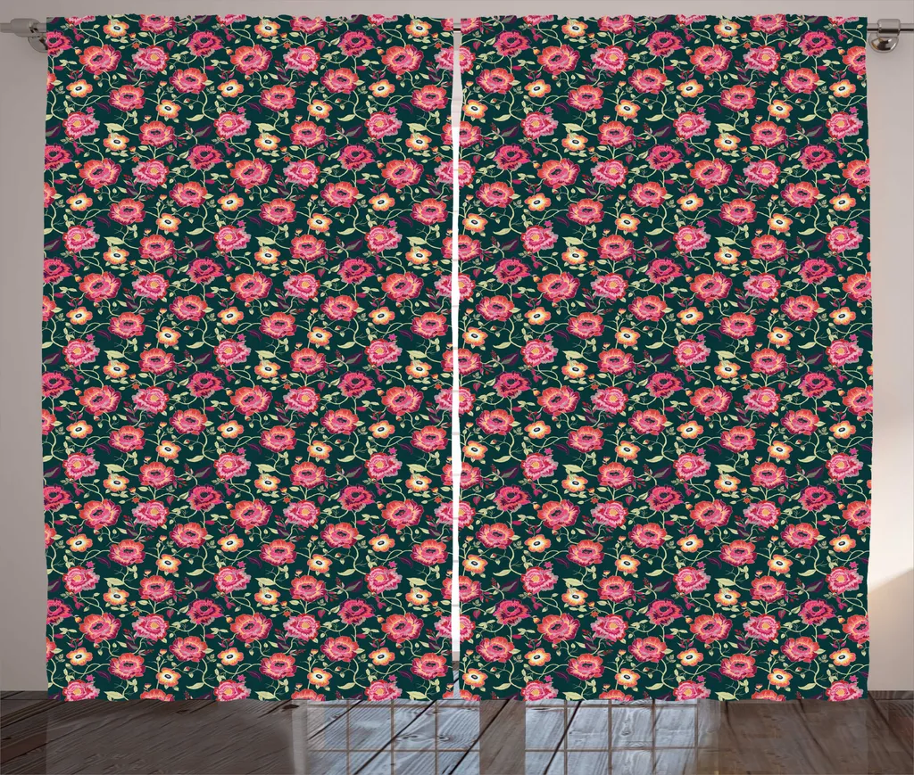 Rideaux Rustiques à Fleurs Bleu Sarcelle et Rose ABAKUHAUS 280x225 cm