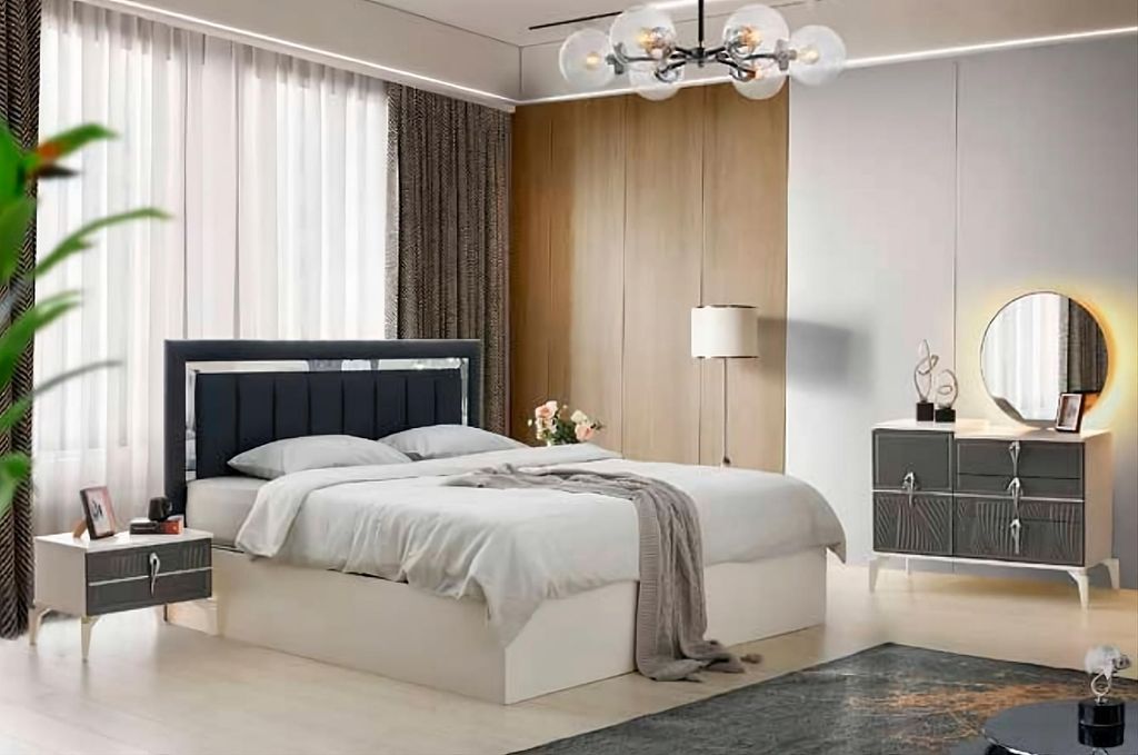 Schlafzimmer-Set Bett mit Nachttische Schminktisch mit Spiegel Modern Design