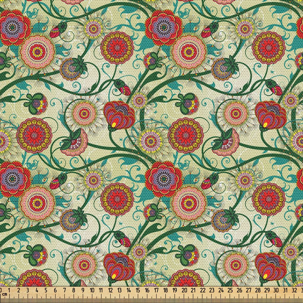 ABAKUHAUS Blumen Gewebe als Meterware, Weinlese-bunte dekorative Blumen und Blätter-neue Frühlings-Natur Art Illustration, 5 M (148 x 500 cm), Me...