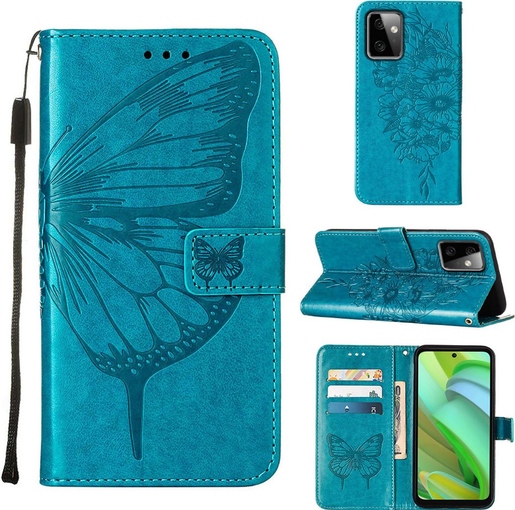 Lederhülle für Motorola Moto G Power 5G Schmetterling Prägung Flip Ledertasche Kartenfächer Handyhülle mit Ständer Blau