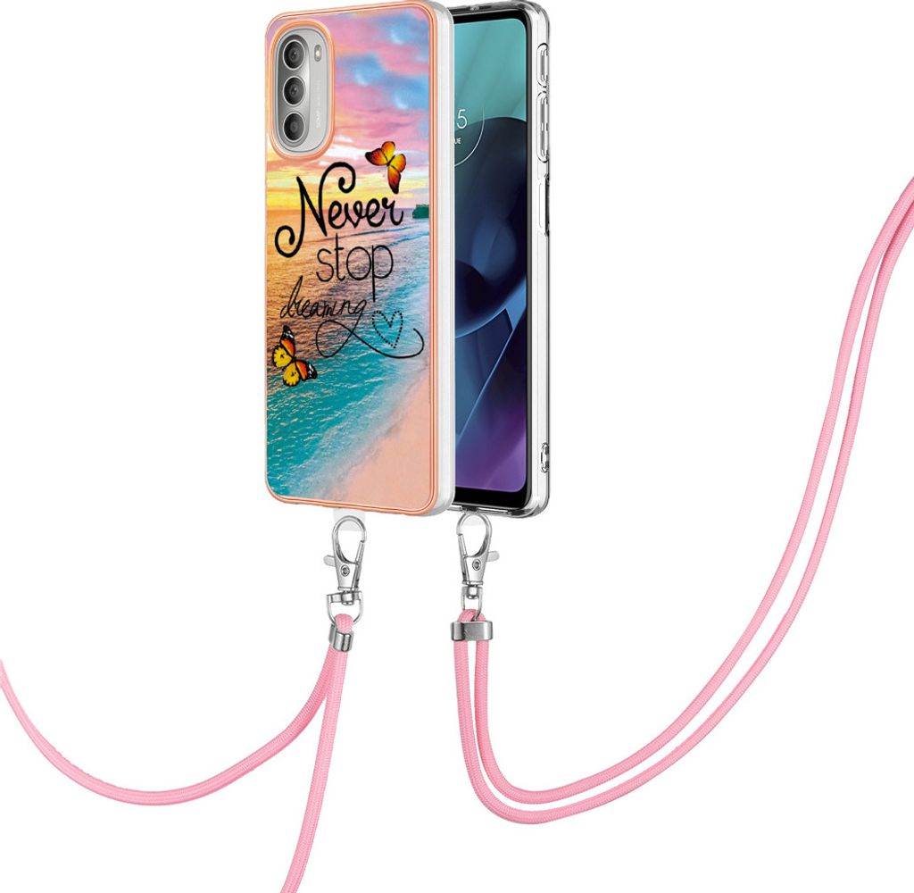 Handykette Hülle für Motorola Moto G51 5G Muster TPU Schutzhülle mit verstellbarem Tragegurt Gold