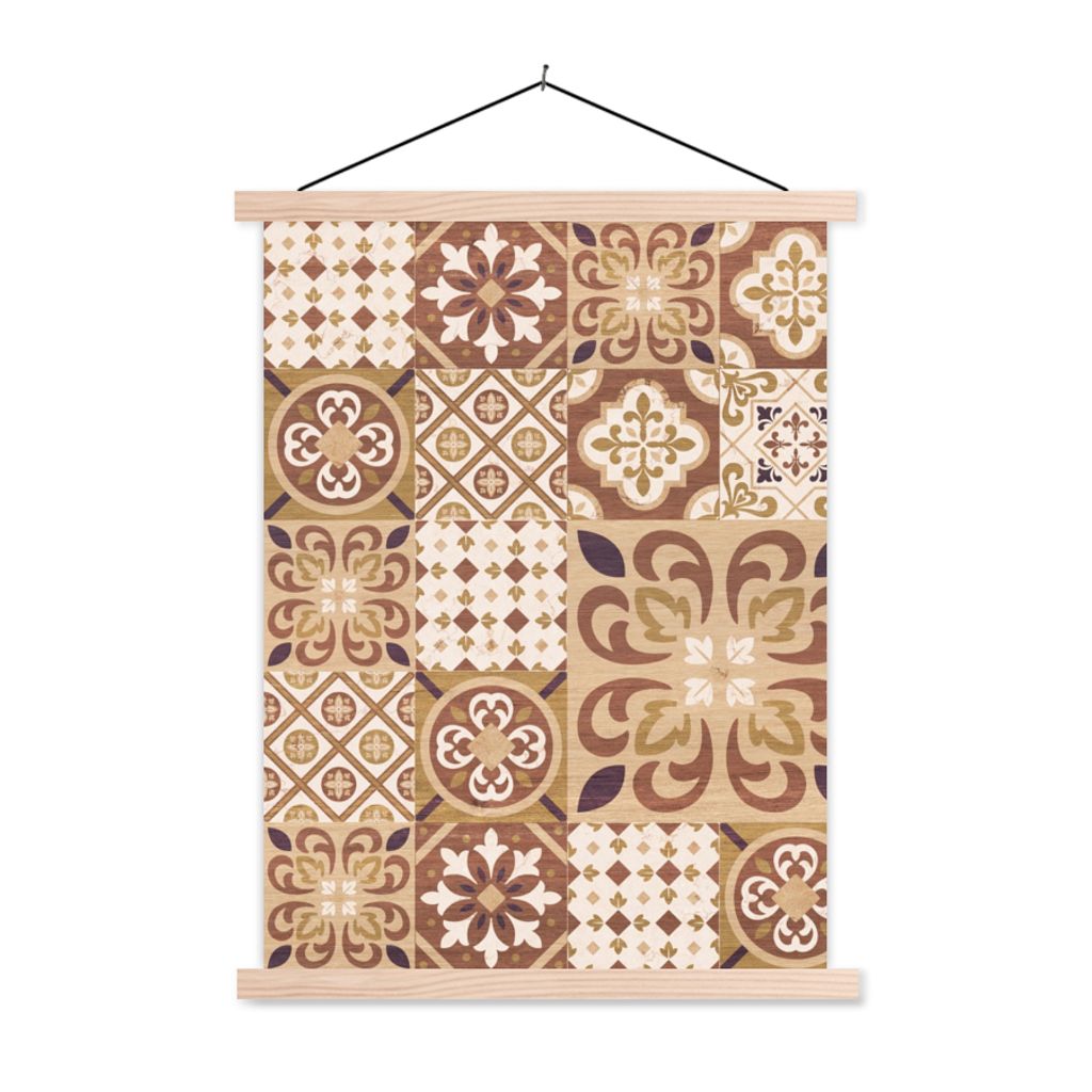 MuchoWow Textilposter Blumen - Figuren - Vintage - Braun - Design 60x80 cm mit holzfarbenen Rahmen - Wandbild