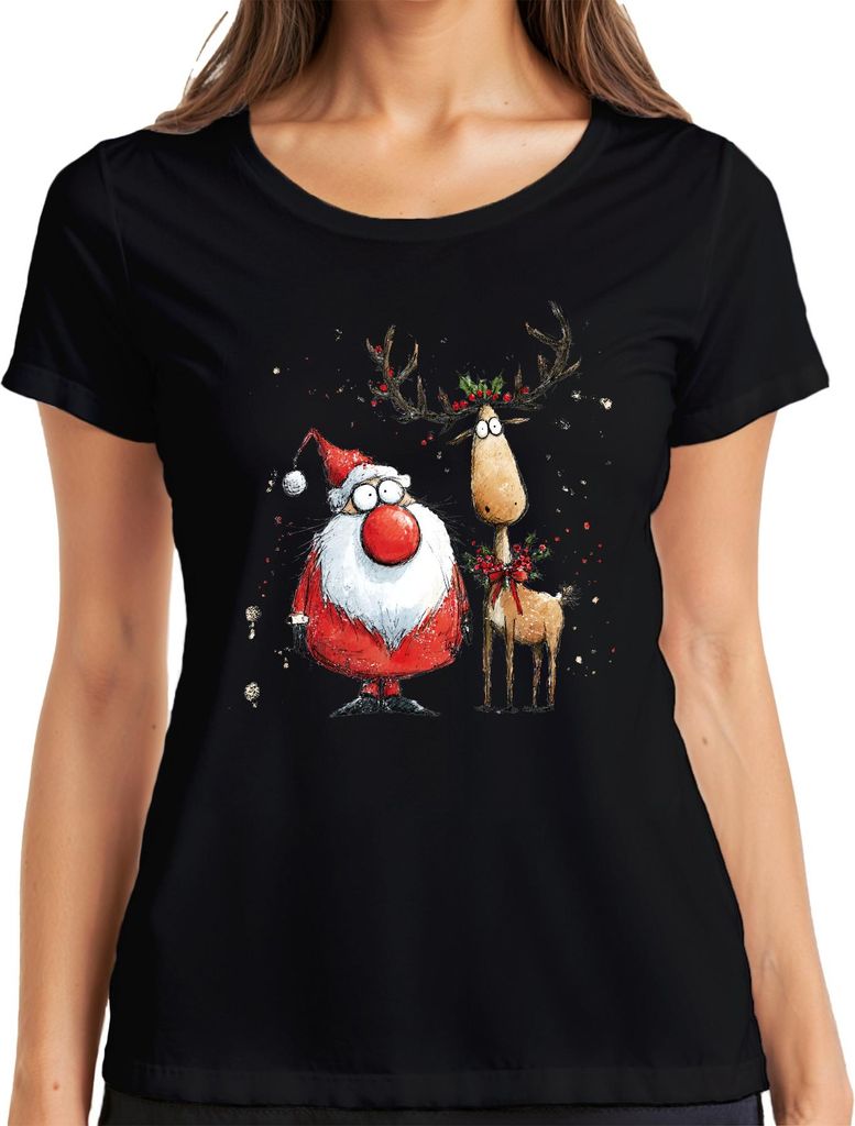 Weihnachtsmann Rentier lustig rote Nase Weihnachten Geschenk Damen T-Shirt, Schwarz, S