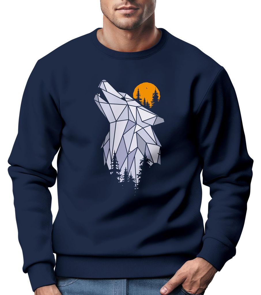 Sweatshirt Herren Polygon Print Wolf Wald Outdoor Adventure Natur TiermotivRundhals-Pullover Fashion Streetwear Neverless navy 4XL