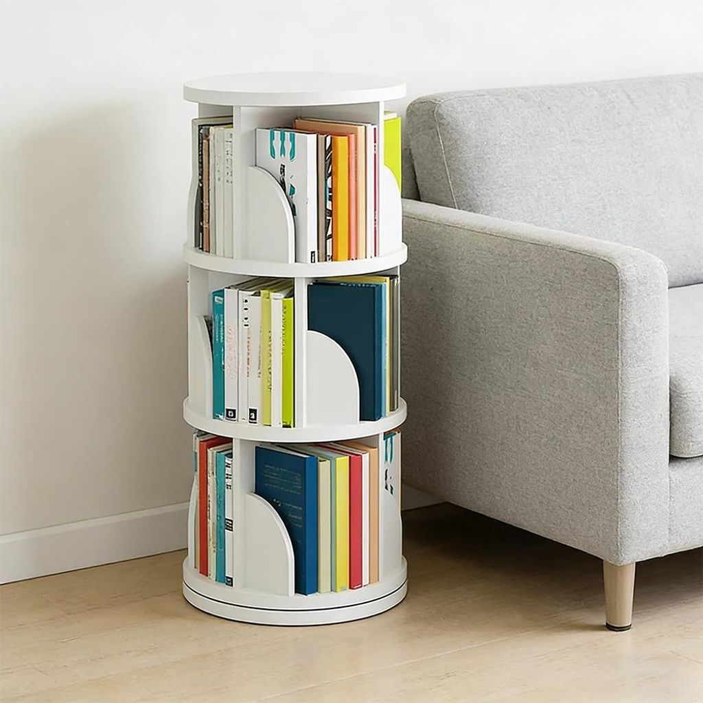 Drehbares Bücherregal - 3 Ebenen - Holzrahmen - Minimalistisch modern - Montage erforderlich - Ohne Türen - Weiß