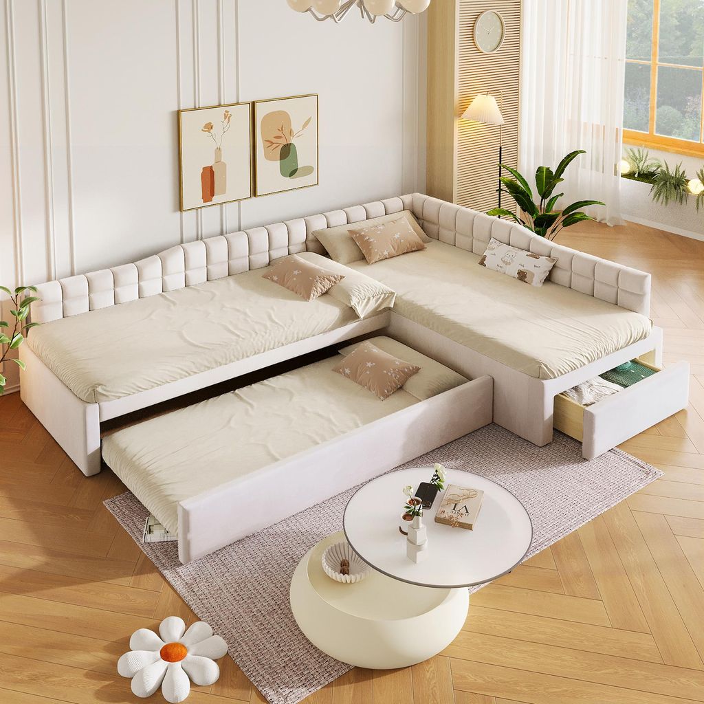 Letto a terra a forma di L, 90x200 cm, con letto estraibile Immagine del prodotto 