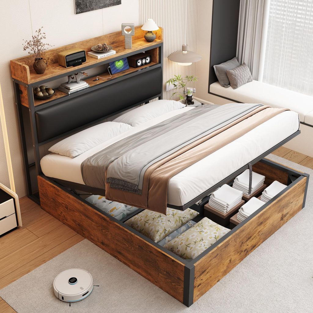 Abrihome Klassisches Bett 140x200cm mit hydraulischem Lagerung, Holzbett Stauraumbett mit USB und Lattenrost, Schwarz