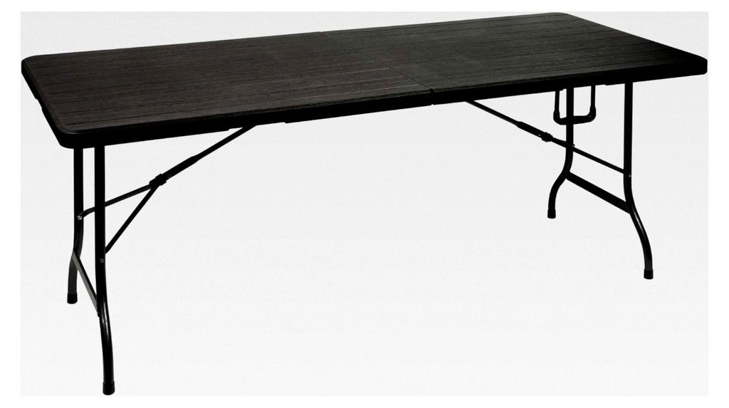 Klapptisch in Holzoptik schwarz, tragbar mit Griff, HDPE Platte und Stahlgestell 180 x 75 x 72 cm, für Innen- und Außenbereich