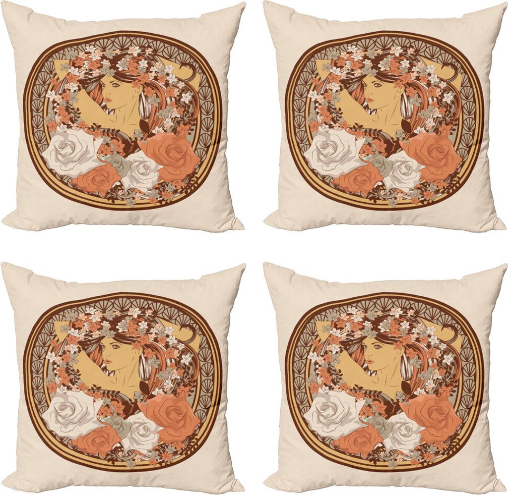 ABAKUHAUS Boho Kissenbezug Set (4 Stück), Hippie-Mädchen mit Blumen, Moderner Doppelseitiger Digitaldruck, 40 cm x 40 cm, Braun