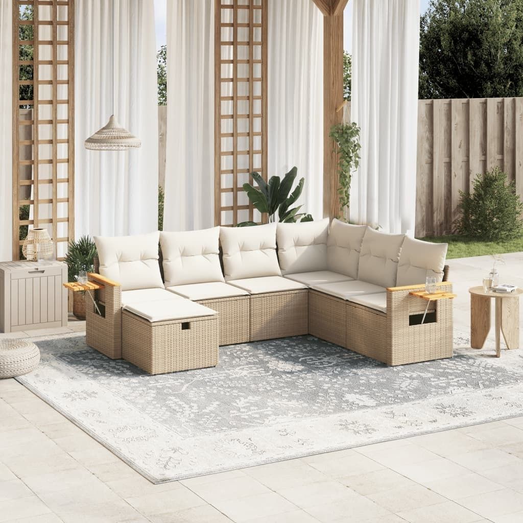 Design 7-tlg. Garten-Sofagarnitur mit Kissen Beige Poly Rattan, Gartenmöbel-Sets 2024 Neu