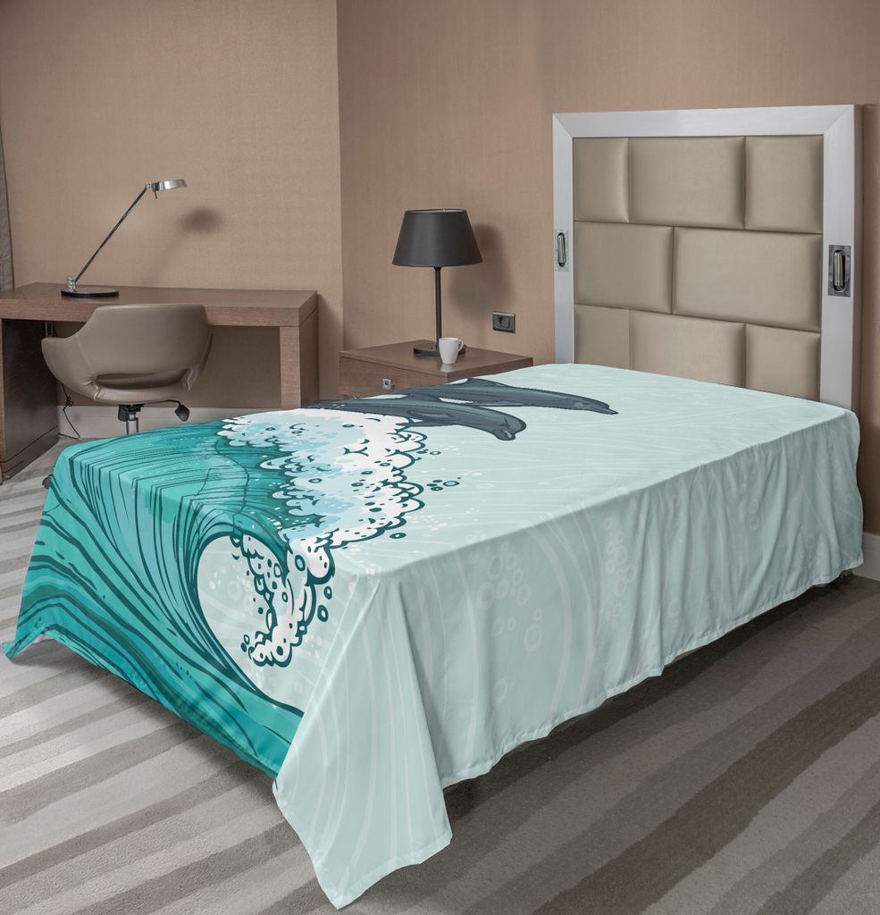 ABAKUHAUS Meerestiere Bettlaken, Wellen Wasser Skizze Aqua Sommerzeit Illustration Muster, weiches bequemes oberes Bettlaken für ein dekoratives B...