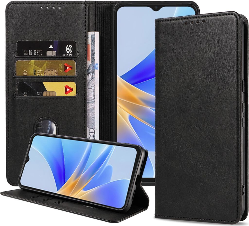 Smartphonica Handytasche passend für Oppo A17 Kunstledertasche mit Magnetverschluss und Kartenhalter Buchhülle mit Klappe - Schwarz
