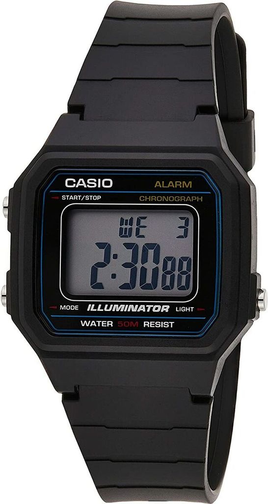 A black Casio digital watch is shown against a white background.