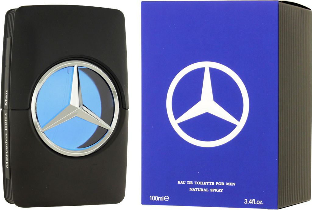 A product shot of Mercedes-Benz Man Eau de Toilette for Men, showing both the bottle and its packaging.