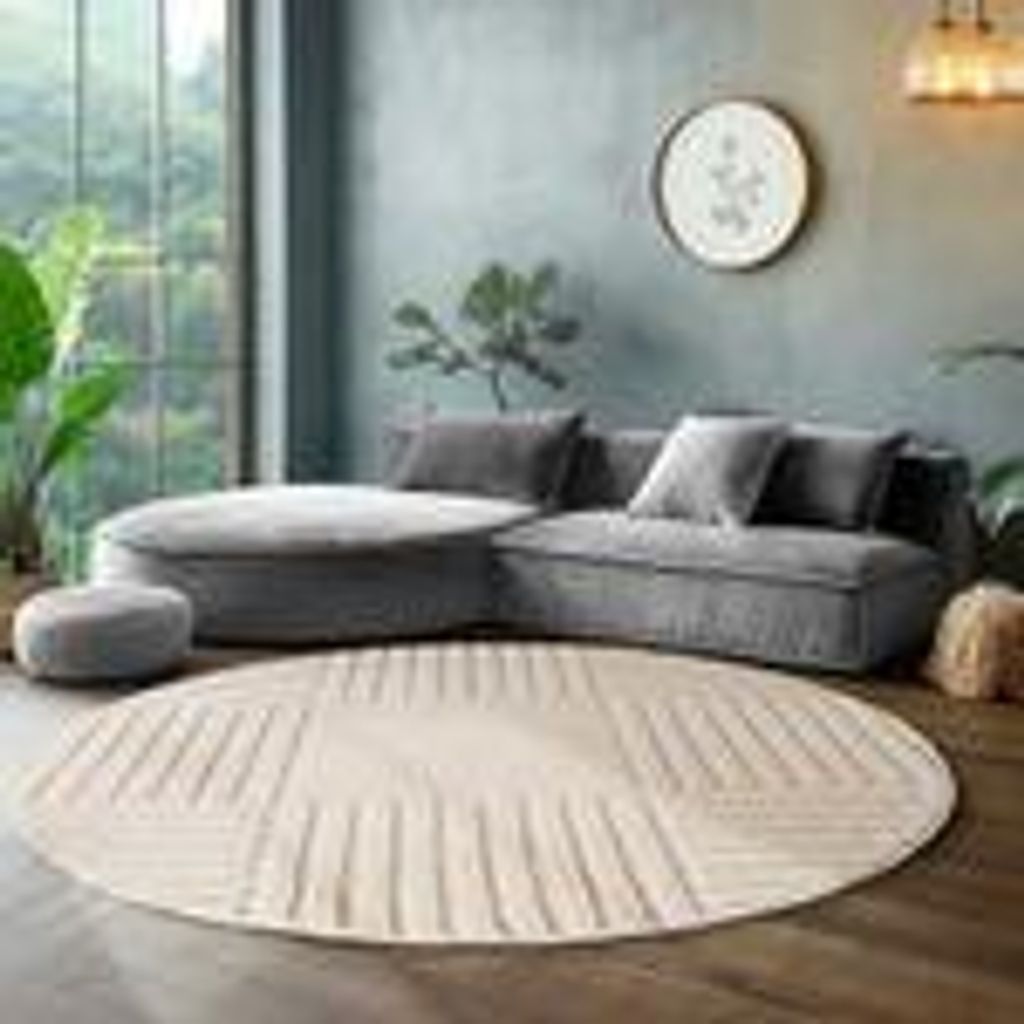Skandinavischer Boho Wohnzimmerteppich mit Hoch-Tief-Effekt weich pflegeleicht strapazierfähig kombinierbar , Größe : 160 cm Rund , Farbe : Creme-2