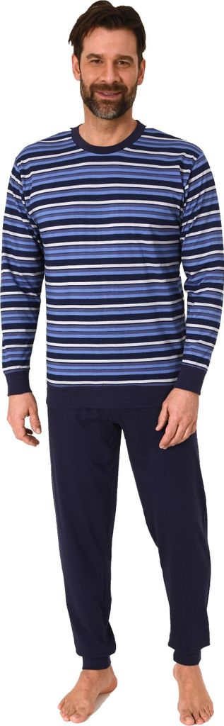 Normann Herren Schlafanzug lang mit Bündchen - Pyjama in Streifenoptik ; navy , 50