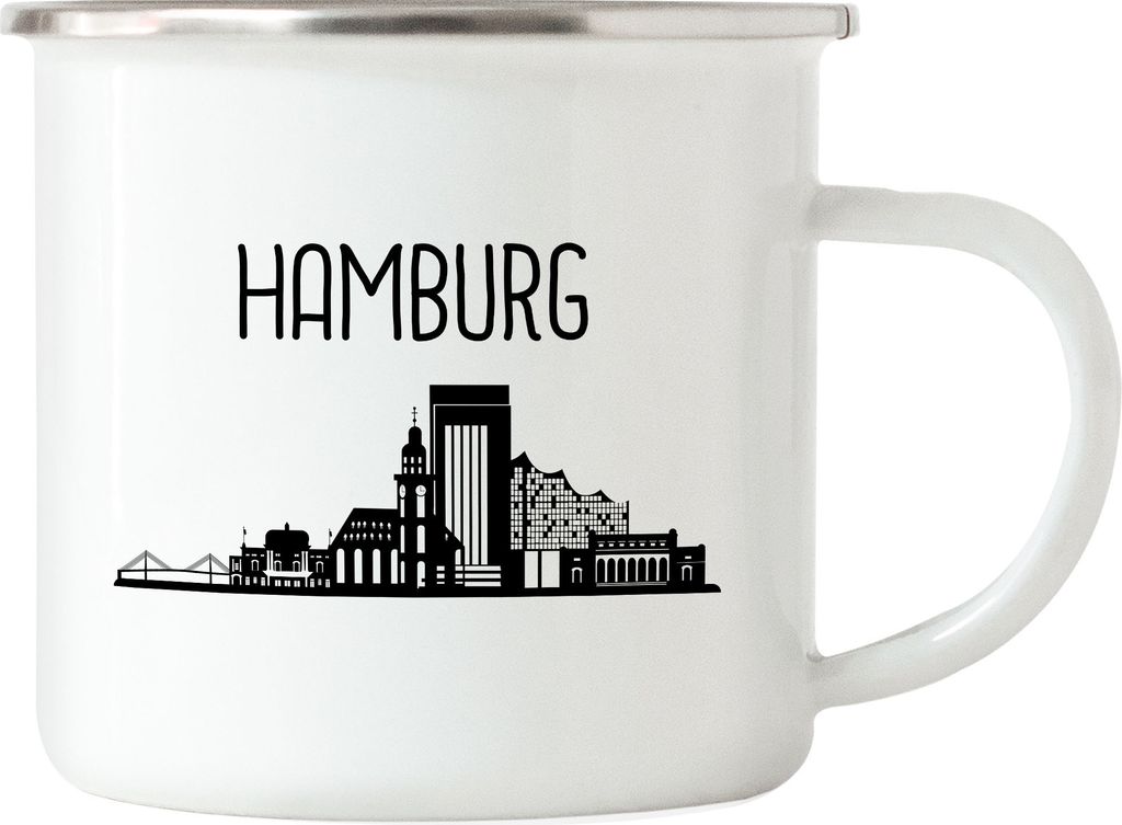 HAMBURG Skyline Emaille Tasse Souvenir Andenken Deutsche Großstädte Motiv Stadt Silhouette Geschenkidee Umzug