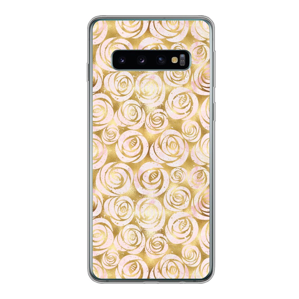 MuchoWow Handyhülle Schutzhülle Hülle für Samsung Galaxy S10 Marmor - Gold - Rosen - Muster Silikon Softcase Handy Hülle - Handytasche