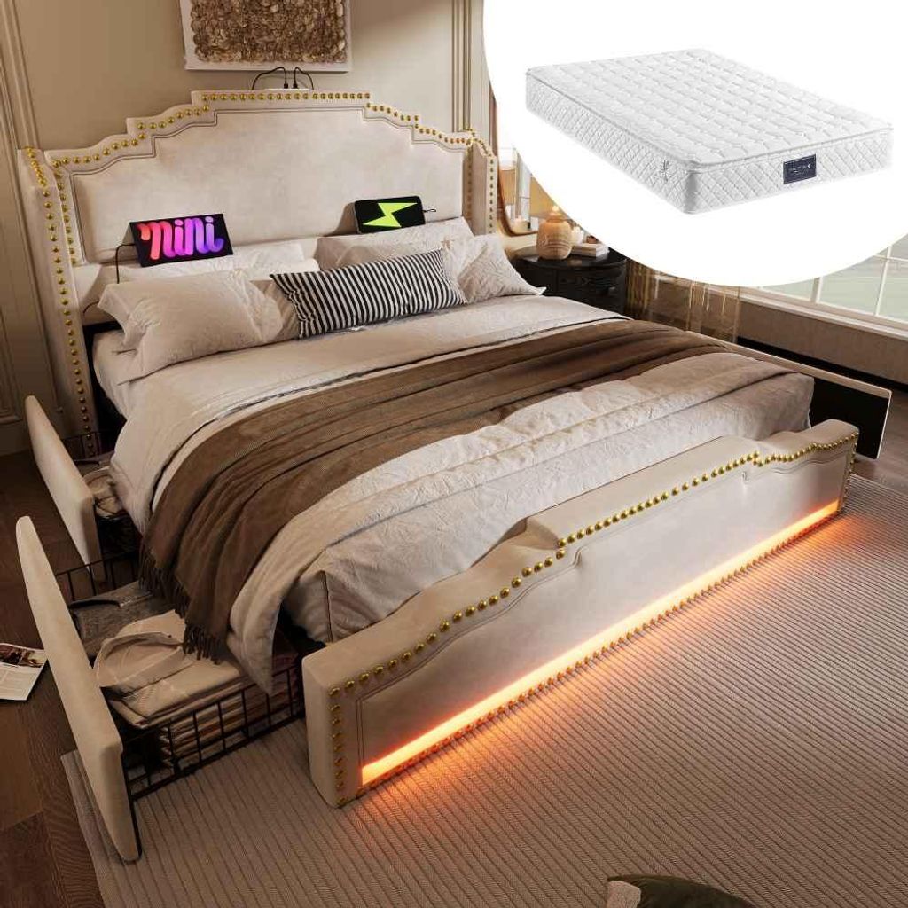 Samt Polsterbett mit LED und USB-C, Doppelbett mit 4 Schubladen und Lattenrost, modernes Stauraumbett für Jugendzimmer, Beige 140x200
