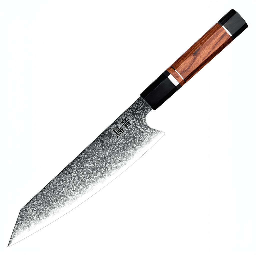 A single Japanese chef's knife is displayed against a white background.