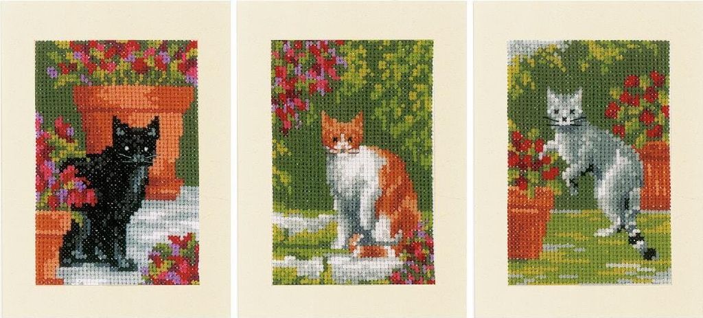 Vervaco Grußkarten Kreuzstich Set "Katzen zwischen Blumen" 3er Set Zählmuster, 10,5x15cm