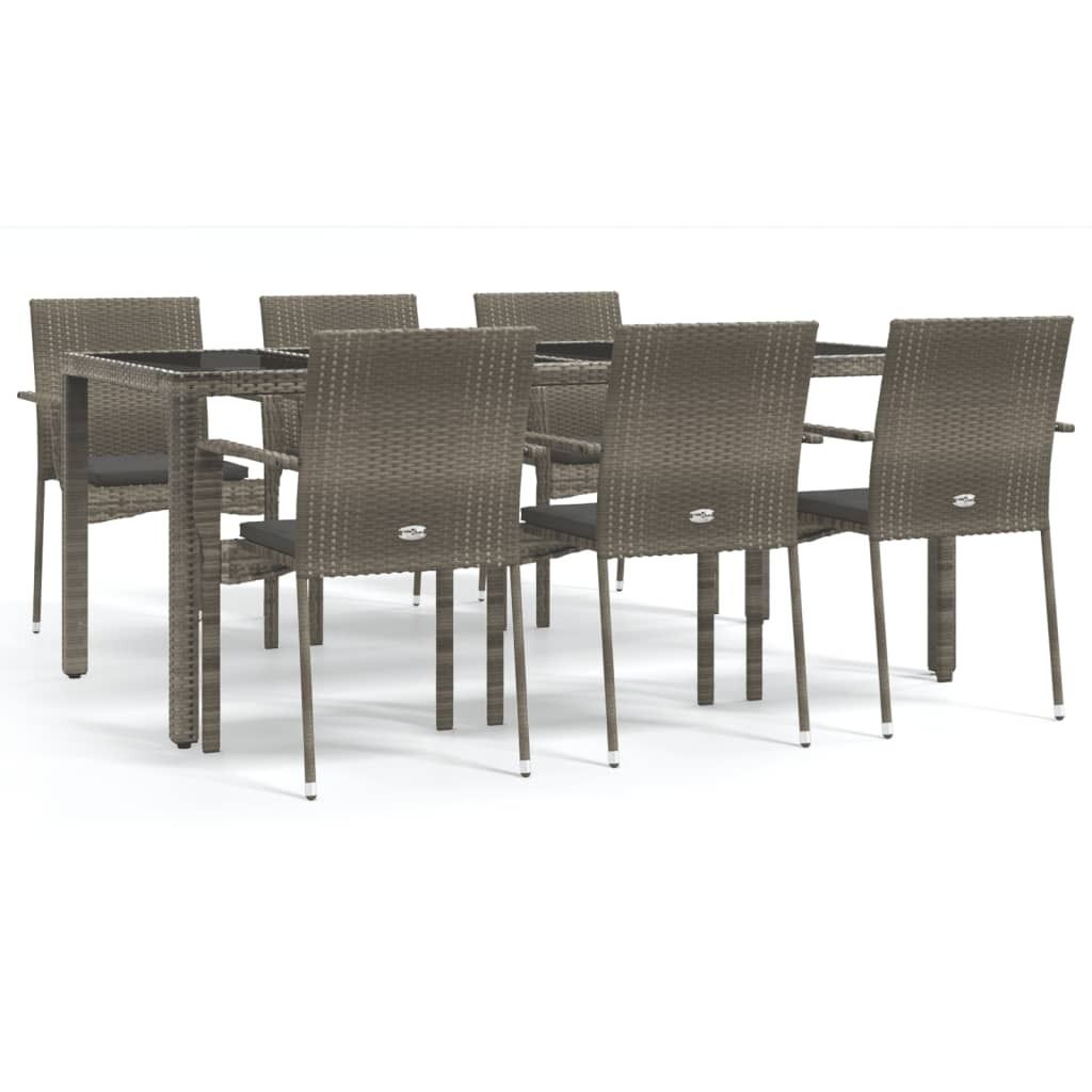 vidaXL 7-tlg. Garten-Essgruppe mit Kissen Grau Poly Rattan