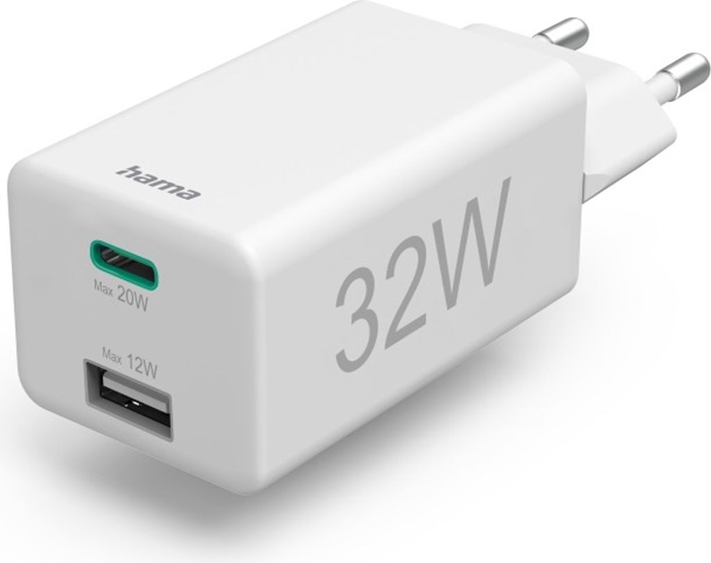 Hama Schnellladegerät 1x USB-C, 1x USB-A, Mini-Ladegerät, PD, 32 W, Weiß