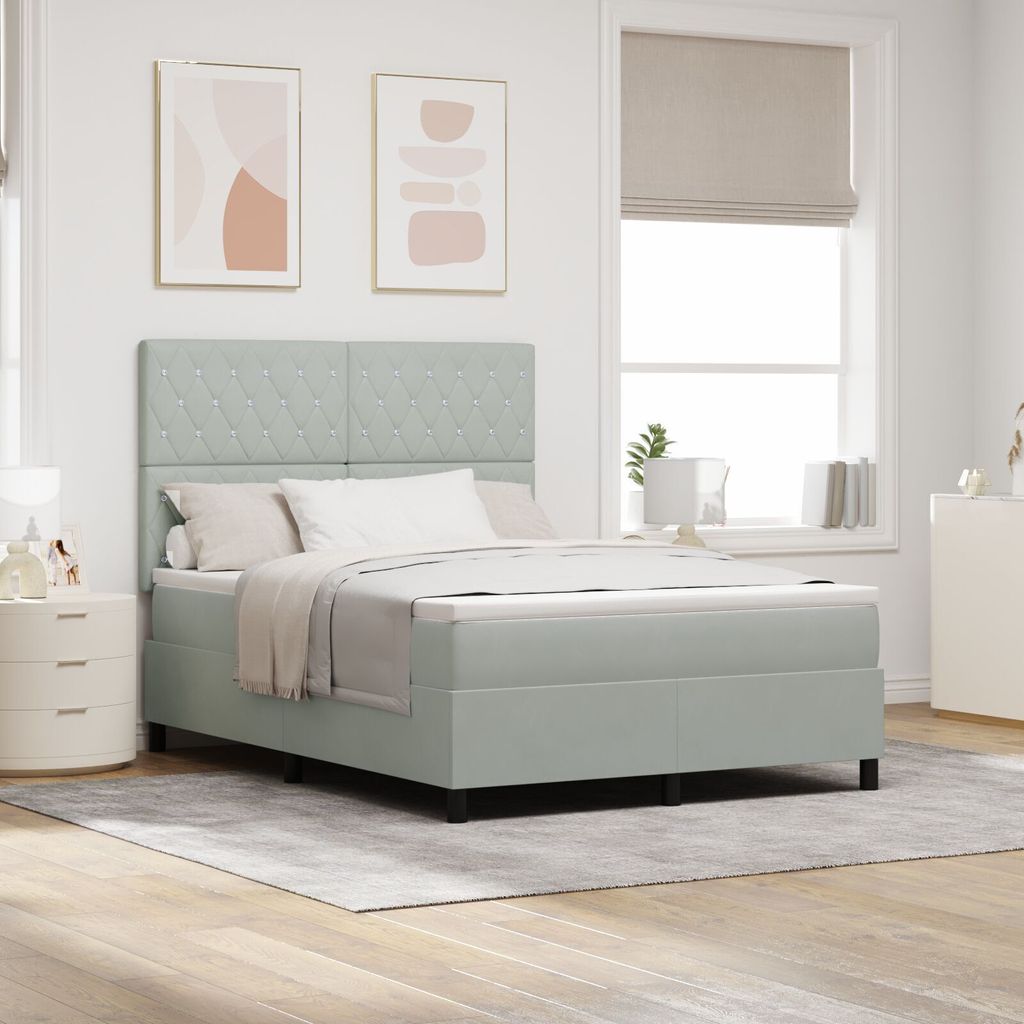 LED Boxspringbett mit Matratze Hellgrau 140x190 cm Samt, Klassische Betten DesignMöbel Neu