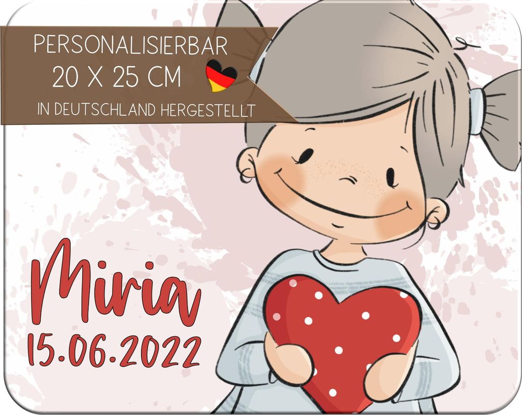 Kinder Frühstücksbrettchen Mädchen Herz mit Name personalisiert, Kunststoff, 20x25 cm