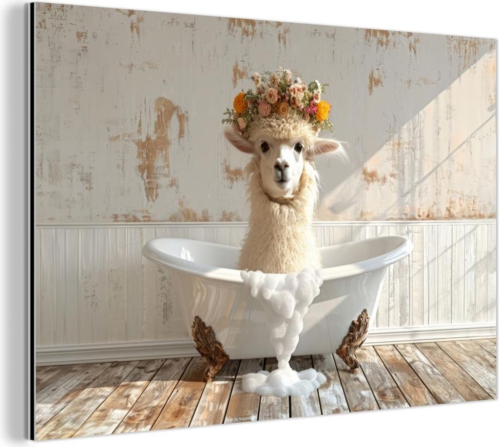 MuchoWow Wanddekoration Metall Metallbild Wandkunst 120x80 cm Vintage - Alpaka - Badewanne - Blumen - Tiere MuchoWow Aluminium Gemälde - Alu Bild
