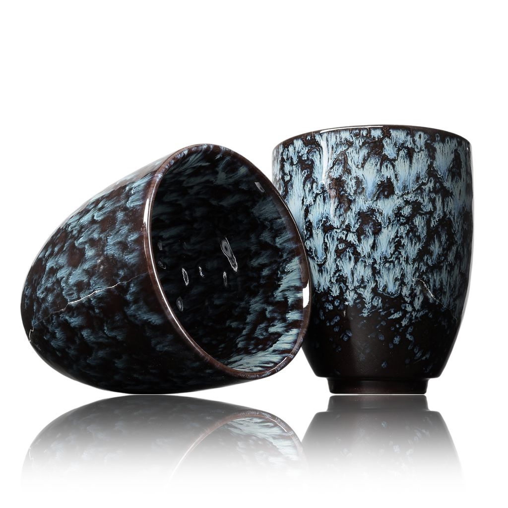 Kaffee Becher Keramik, Design Kaffee-Tasse ohne Henkel 200ml, Tee-Tasse 2er Set, coffee mug, tea cup, Tasse mit modernem Muster, bunte Unikate (pla...