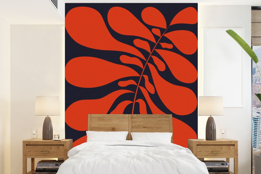 MuchoWow Fototapete für Wohnzimmer oder Schlafzimmer Wandtapete Vinyl Motivtapete Pflanze - Rot - Abstrakt - Vase - 165x220 cm - Wanddekorationen