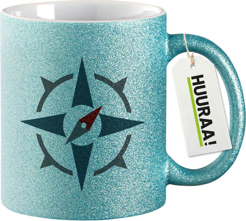 Huuraa Glitzertasse Kompass Bussole 330ml Blau Keramik Kaffeebecher Geschenkidee