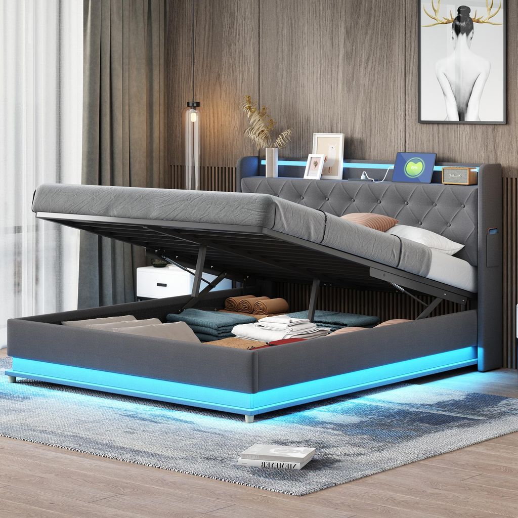 MODFU Lit Coffre 160x200 cm - Lit Capitonné avec Éclairage Image du produit 