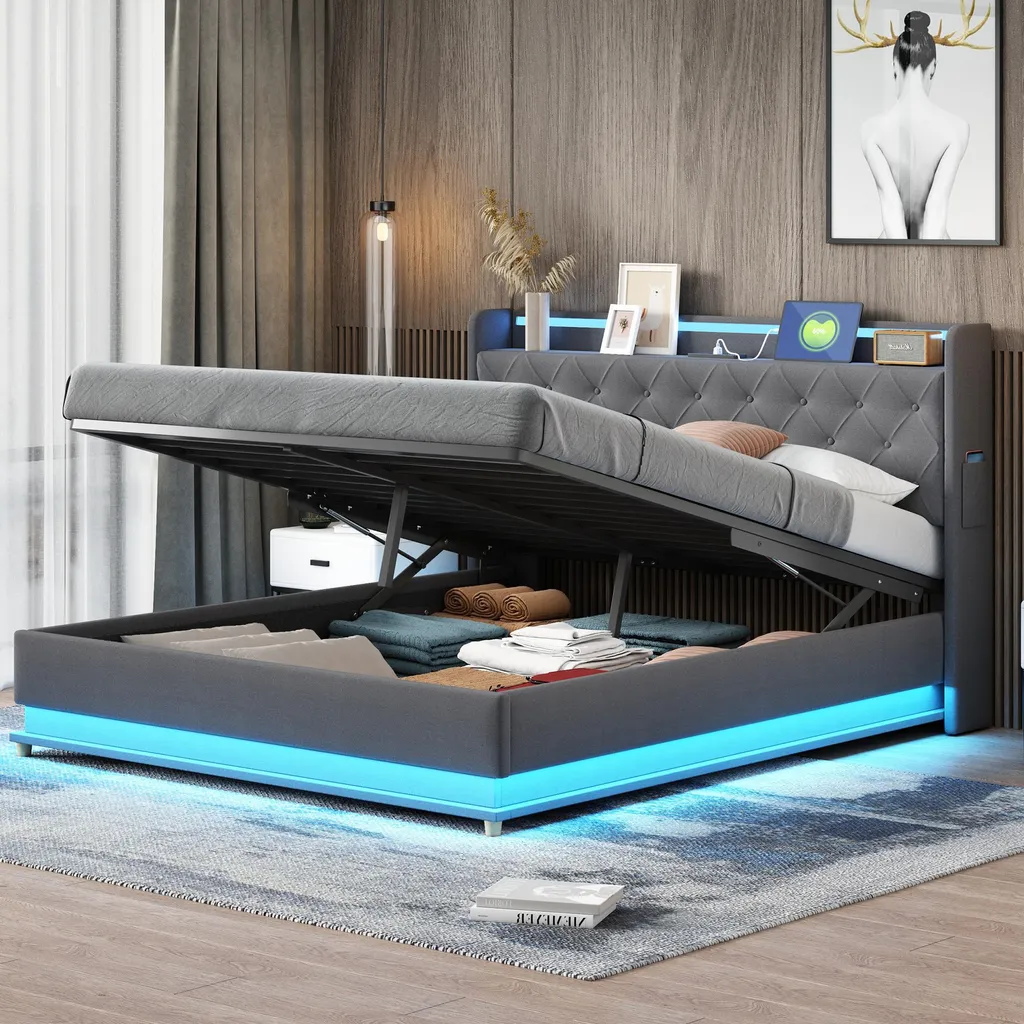Lit Coffre 160x200 avec Port USB et LED - Solution Rangement Chambre