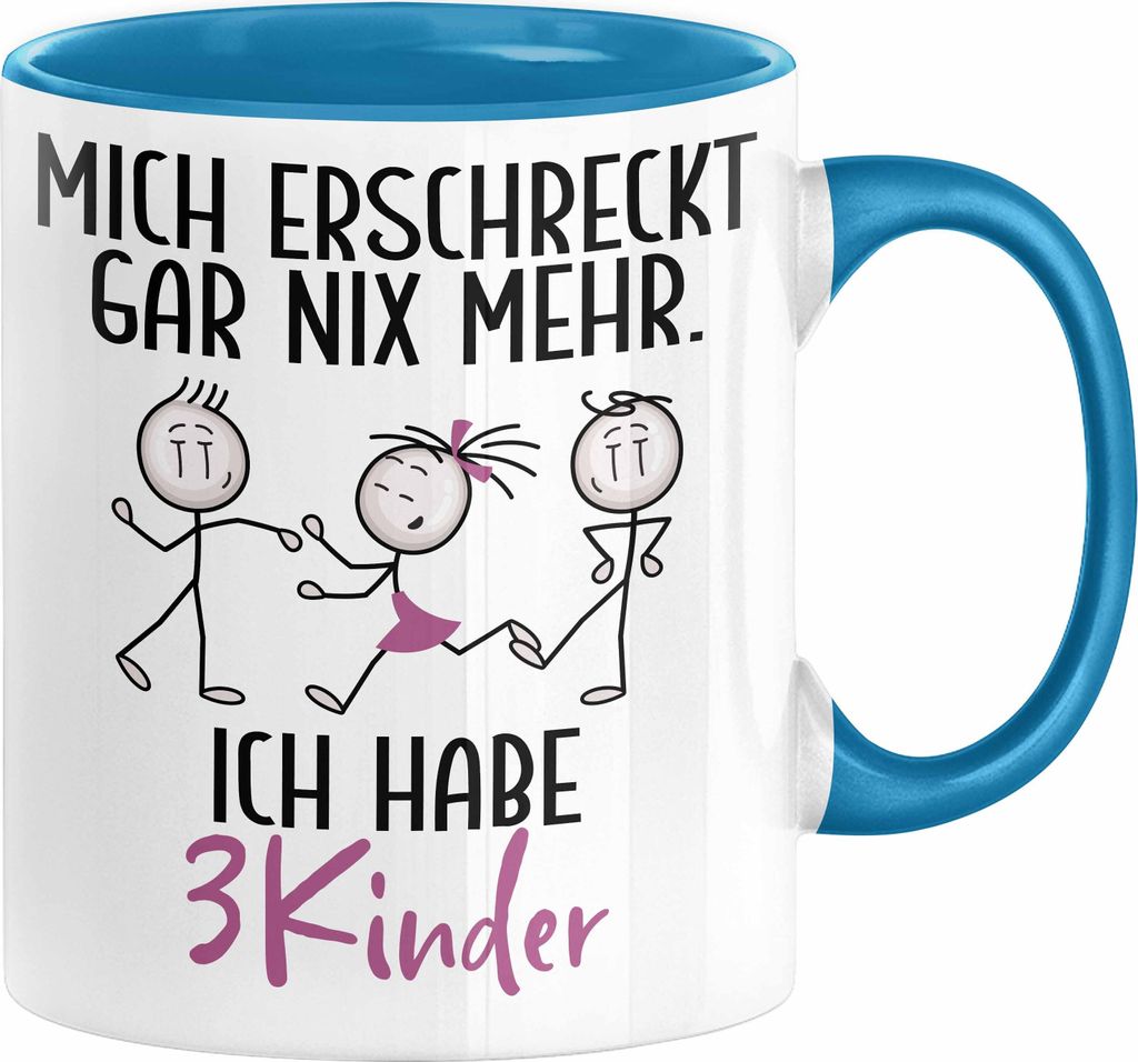 Eltern Mutter Vater Tasse Geschenk von 3 Kindern Lustige Geschenkidee für Mama Papa Mich Erschreckt Gar Nix Mehr Ich Habe 3 Kinder (Blau)