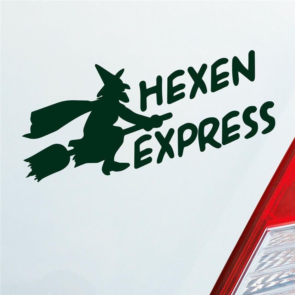 Auto Aufkleber Hexen Express Witch Besen Magic 15x7 cm Dunkelgrün Sticker Heckscheibenaufkleber