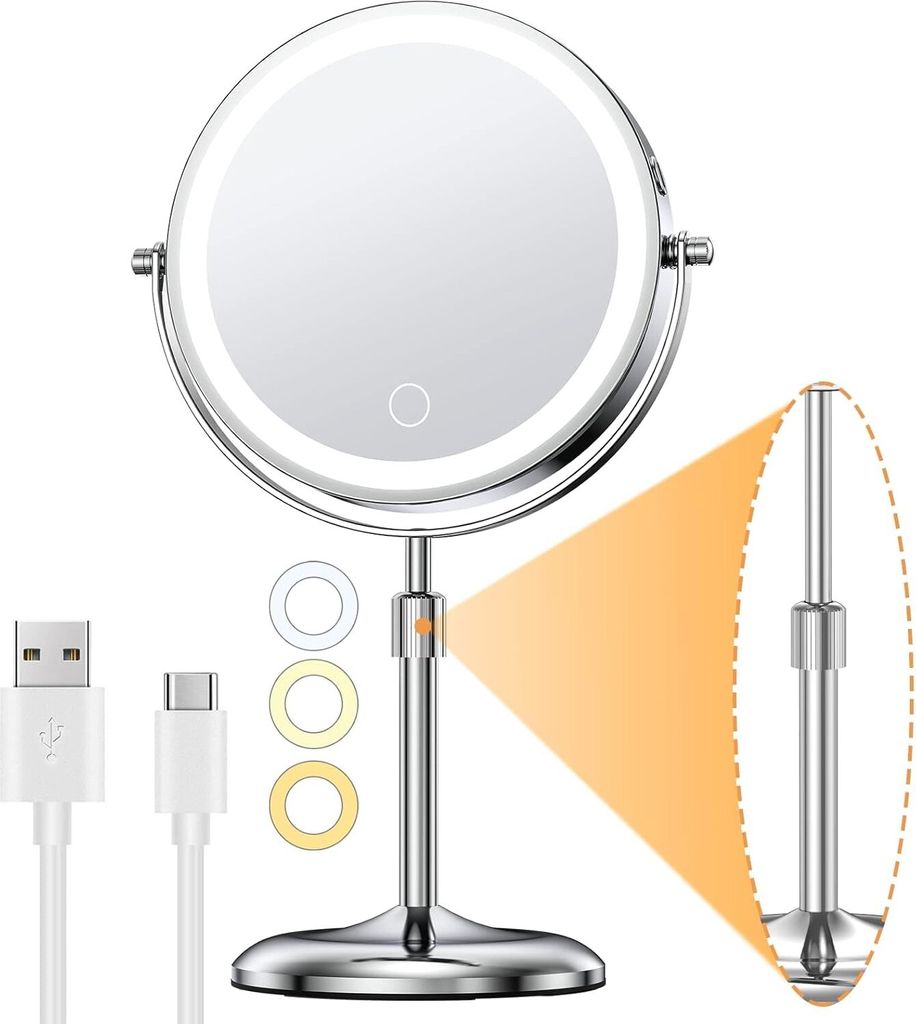 Wiederaufladbar Kosmetikspiegel mit Licht, 1X/10X Vergrößerung, 3 Farben Dimmable & Höhenverstellbar 7" Schminkspiegel, 360°Schwenkbar Doppelse...