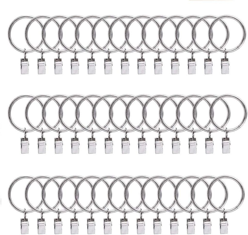 Gardinenringe 40 Stück, Metall Vorhangclips Mit Spannclip, 35 Mm Innendurchmesser Für 33 Mm Gardinenstangen, Silber