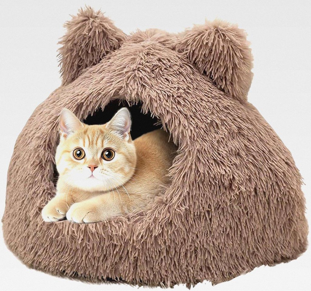 Warmes Katzenbett für Katzen im Winter | Rutschfestes Haus für Welpen – rundes Bett mit Kapuze für Hauskatzen – für Innen Haus Schlafzimmer...
