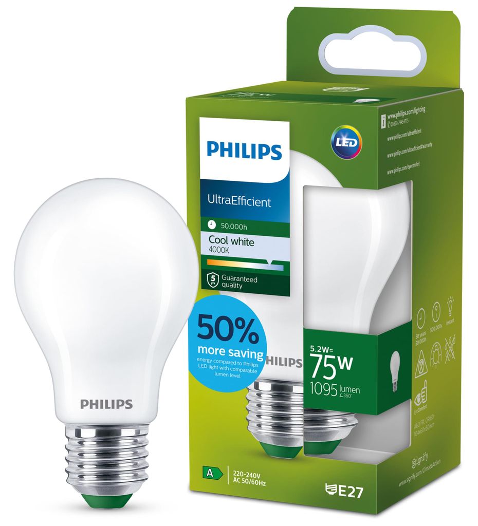 Philips Filament-Lampe, Milchglas, 75W A60 E27, 5,2 W, 75 Produktbild 