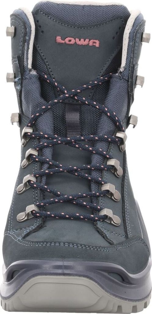 A close-up front view of a blue hiking boot.