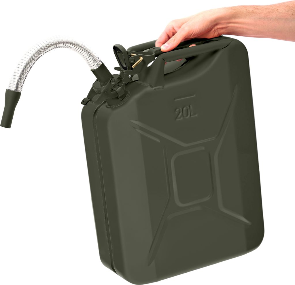 BW Kraftstoffkanister Metall Benzinkanister 20 Liter mit Ausgießer - Bronzegrün RAL 6031-F9 - UN-Zulassung - Hergestellt in Europa