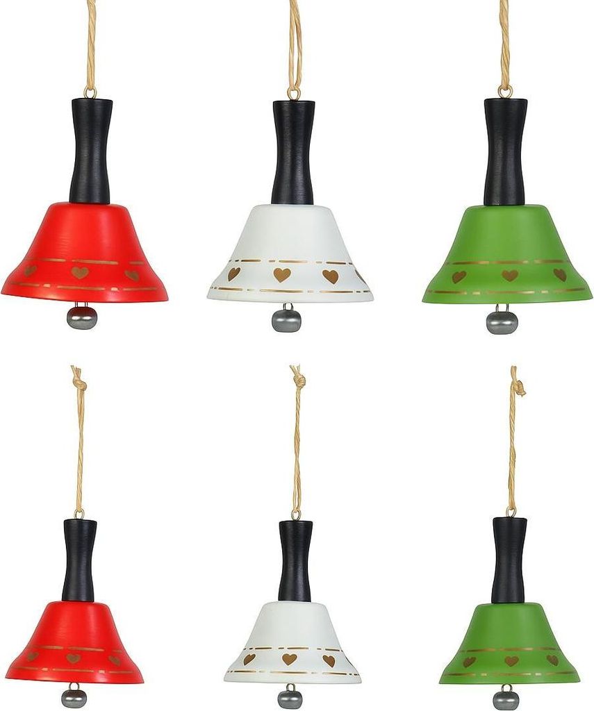Glocken Hänger 6er Set | 6,5x8,5 cm | Rot Weiß Grün | Metallglocken | 15419