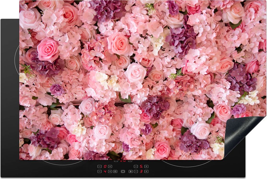 KitchenYeah Herdabdeckplatte Blumen - Rosa - Rosen , 81x52cm, Küche Deko, Glaskeramikkochfeld Herdabdeckung, Abdeckplatte fùr Kochfeld