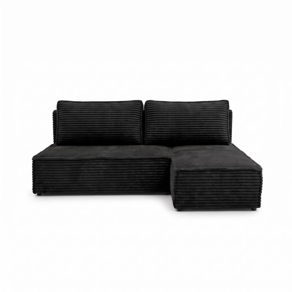 Ecksofa FORANO mit Schlaffunktion und Bettkasten Modernes Cord Schlafsofa Bequeme Wohnlandschaft mit Stauraum, weicher Plüschstoff Schwarz Rechts